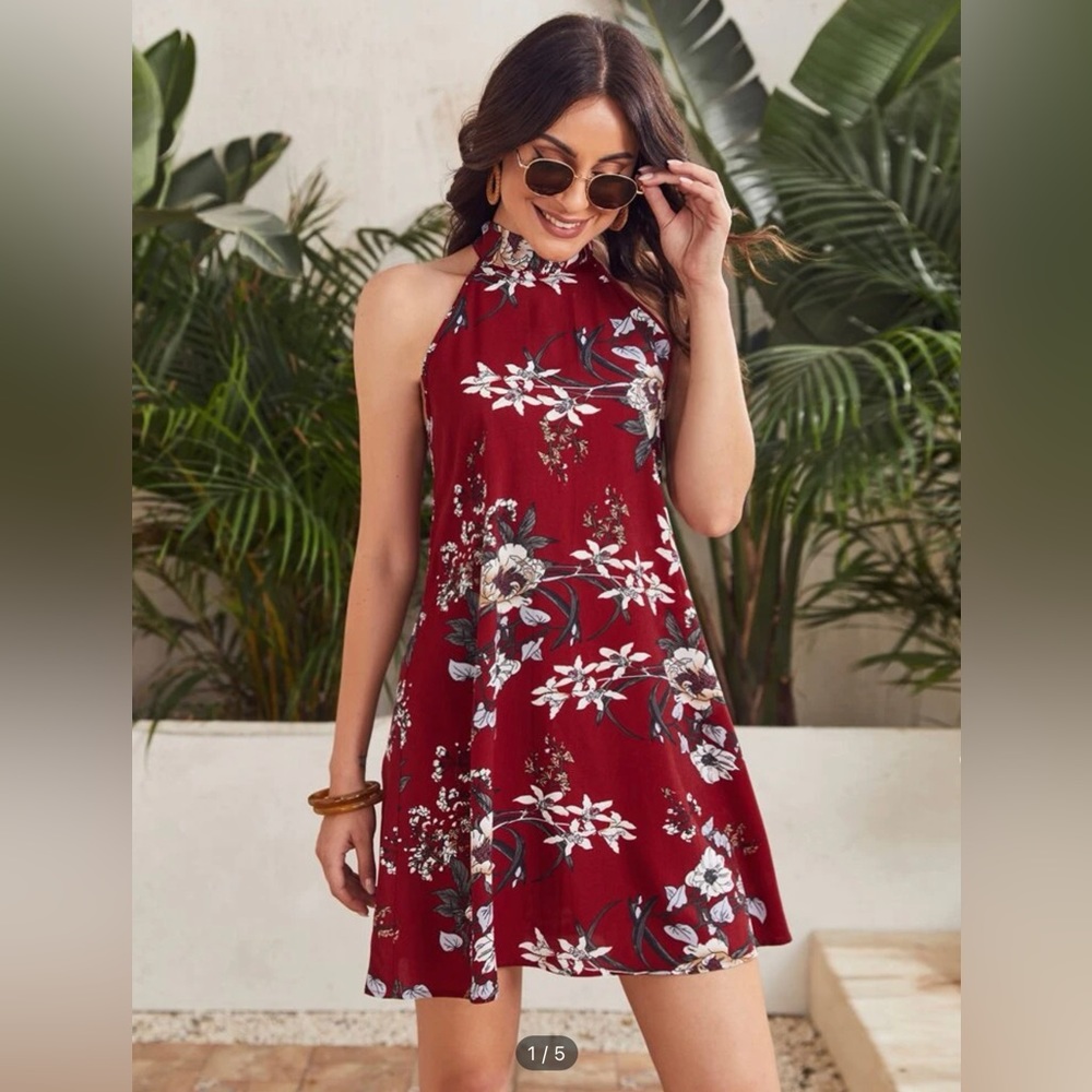 Tie Back Floral Print Halter Dress